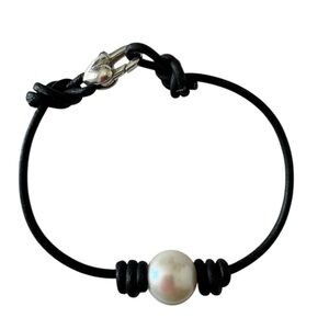 Sundance 925 Sterling Silver Black Leather and White Pearl Bracelet NEW